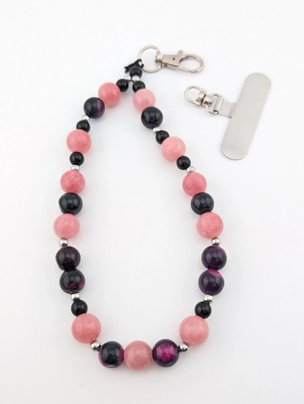 NWT Phone Lanyard/ Key Chain Bracelet Wrist Strap With Pink & Black Beads